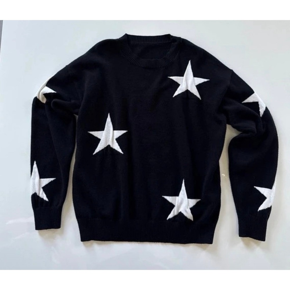 Star Print Knit Sweater Youth 13-14Y Black Excellent Celestial Crew Unbranded